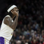 
              Los Angeles Lakers guard Patrick Beverley reacts after scoring against the Portland Trail Blazers during the second half of an NBA basketball game in Portland, Ore., Sunday, Jan. 22, 2023. (AP Photo/Craig Mitchelldyer)
            