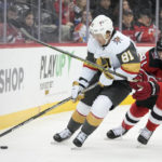 
              Vegas Golden Knights right wing Jonathan Marchessault (81) skates against New Jersey Devils defenseman Jonas Siegenthaler (71) during the first period of an NHL hockey game, Tuesday, Jan. 24, 2023, in Newark, N.J. (AP Photo/Mary Altaffer)
            