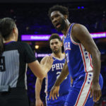 
              Philadelphia 76ers' Joel Embiid, right, argues the foul called against him by referee Natalie Sago, left, during the first half of an NBA basketball game against the New Orleans Pelicans, Monday, Jan. 2, 2023, in Philadelphia. (AP Photo/Chris Szagola)
            