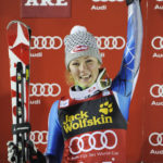 
              FILE - Mikaela Shiffrin, of the United States, celebrates winning an alpine ski, women's World Cup slalom, in Are, Sweden, Thursday, Dec. 20, 2012. Mikaela Shiffrin has matched Lindsey Vonn’s women’s World Cup skiing record with her 82nd win at the women's World Cup giant slalom race, in Kranjska Gora, Slovenia, on Sunday, Jan. 8, 2023. (AP Photo/Giovanni Auletta, File)
            