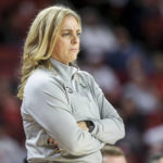
              Baylor Nicki Collen stands on the sidelines in the first quarter during an NCAA college basketball game against Oklahoma, Tuesday, Jan. 3, 2023, in Norman, Okla. (Nathan J Fish/The Oklahoman via AP)
            