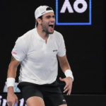 
              Matteo Berrettini of Italy reacts after winning a point against Andy Murray of Britain during their first round match at the Australian Open tennis championship in Melbourne, Australia, Tuesday, Jan. 17, 2023. (AP Photo/Aaron Favila)
            