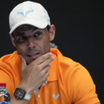 
              Spain's Rafael Nadal reacts during a press conference ahead of the Australian Open tennis championship in Melbourne, Australia, Saturday, Jan. 14, 2023. (AP Photo/Mark Baker)
            
