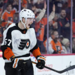 
              Philadelphia Flyers' Wade Allison reacts after scoring a goal during the second period of an NHL hockey game against the Arizona Coyotes, Thursday, Jan. 5, 2023, in Philadelphia. (AP Photo/Matt Slocum)
            