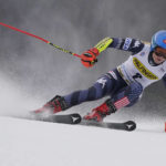 
              United States' Mikaela Shiffrin speeds down the course during an alpine ski, women's World Cup giant slalom race, in Kranjska Gora, Slovenia, Saturday, Jan. 7, 2023. (AP Photo/Giovanni Auletta)
            