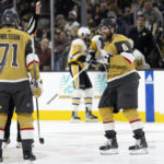 
              Vegas Golden Knights center Phil Kessel (8) celebrates with teammates, including center William Karlsson (71), after he scored a goal against the Pittsburgh Penguins during the first period of an NHL hockey game Thursday, Jan. 5, 2023, in Las Vegas. (AP Photo/Ellen Schmidt)
            