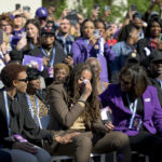
              Seimone Augustus, a former LSU player who lead her team to multiple final fours and a Minnesota Lynx player who won four WNBA Championships, cries before her statue unveiling at the LSU campus on Sunday, Jan. 15, 2023, in Baton Rouge, La. (AP Photo/Matthew Hinton)
            