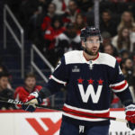 
              Washington Capitals right wing Tom Wilson (43) looks on during the first period of an NHL hockey game against the Columbus Blue Jackets, Sunday, Jan. 8, 2023, in Washington. (AP Photo/Terrance Williams)
            