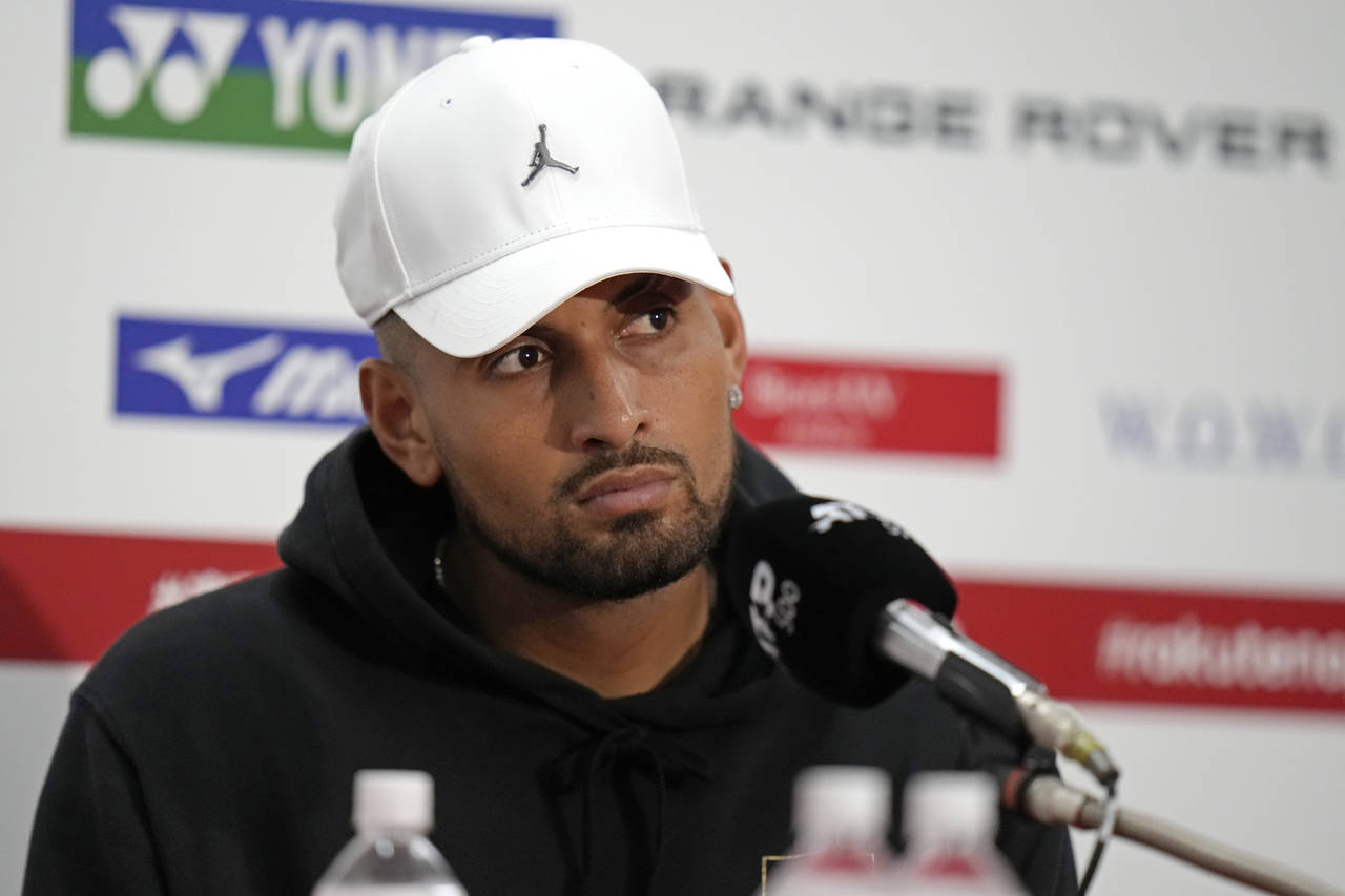 FILE - Nick Kyrgios of Australia speaks during a press conference after defeating Tseng Chun-Hsin o...