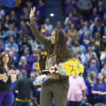 
              Seimone Augustus is recognized during the game as LSU takes on the Auburn during an NCAA college basketball game, Sunday, Jan. 15, 2023, in Baton Rouge, La. (Scott Clause/The Daily Advertiser via AP)
            