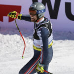 
              Norway's Aleksander Aamodt Kilde gets to the finish area after completing an alpine ski, men's World Championship super-G race, in Courchevel, France, Thursday, Feb. 9, 2023. (AP Photo/Marco Trovati)
            