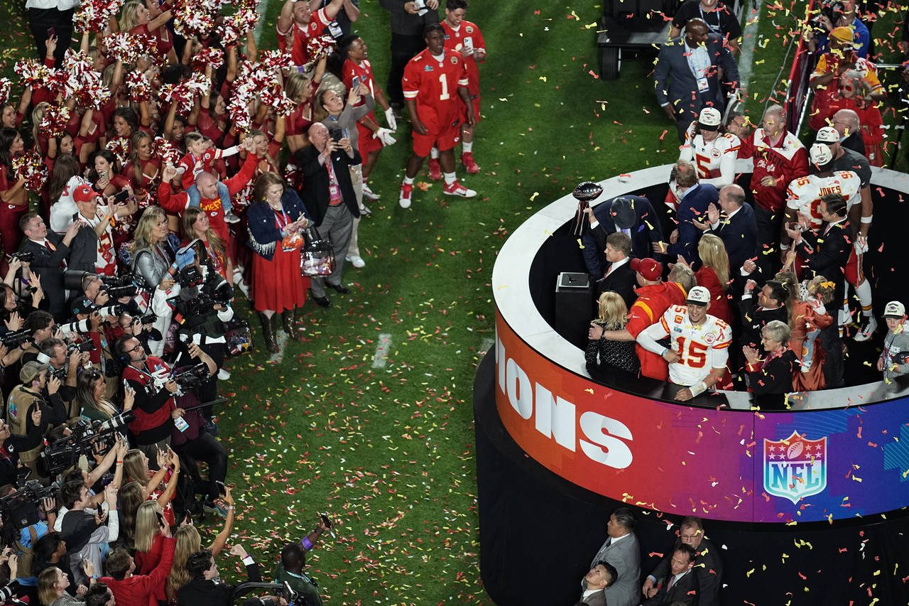 Kansas City Chiefs general manager Brett Veach holds the Vince Lombardi Trophy after the NFL Super ...