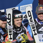 
              From left, Norway's Aleksander Aamodt Kilde, Canada's James Crawford and France's Alexis Pinturault pose in the finish area after completing an alpine ski, men's World Championship super-G race, in Courchevel, France, Thursday, Feb. 9, 2023. (AP Photo/Marco Trovati)
            