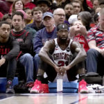 
              Chicago Bulls' Patrick Beverley watches teammates during the second half of an NBA basketball game against the Brooklyn Nets on Friday, Feb. 24, 2023, in Chicago. The Bulls won 131-87. (AP Photo/Charles Rex Arbogast)
            