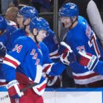 
              New York Rangers' Kaapo Kakko (24) celebrates with teammates after scoring during the first period of an NHL hockey game against the Seattle Kraken, Friday, Feb. 10, 2023, in New York. (AP Photo/Frank Franklin II)
            