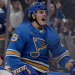 
              St. Louis Blues' Sammy Blais celebrates after scoring during the second period of an NHL hockey game against the Arizona Coyotes Saturday, Feb. 11, 2023, in St. Louis. (AP Photo/Jeff Roberson)
            