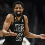 
              Brooklyn Nets guard Spencer Dinwiddie reacts after foul call during the second half of an NBA basketball game against the Atlanta Hawks, Sunday, Feb. 26, 2023, in Atlanta. (AP Photo/Hakim Wright Sr.)
            
