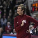 
              Indiana coach Teri Moren shouts during the first half of the team's NCAA college basketball game against Ohio State, Thursday, Jan. 26, 2023, in Bloomington, Ind. (AP Photo/Darron Cummings)
            