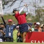 
              Celine Boutier of France prepares to tee off on the 6th hole during the final round of the LPGA Honda Thailand golf tournament in Pattaya, southern Thailand, Sunday, Feb. 26, 2023. (AP Photo/Kittinun Rodsupan)
            