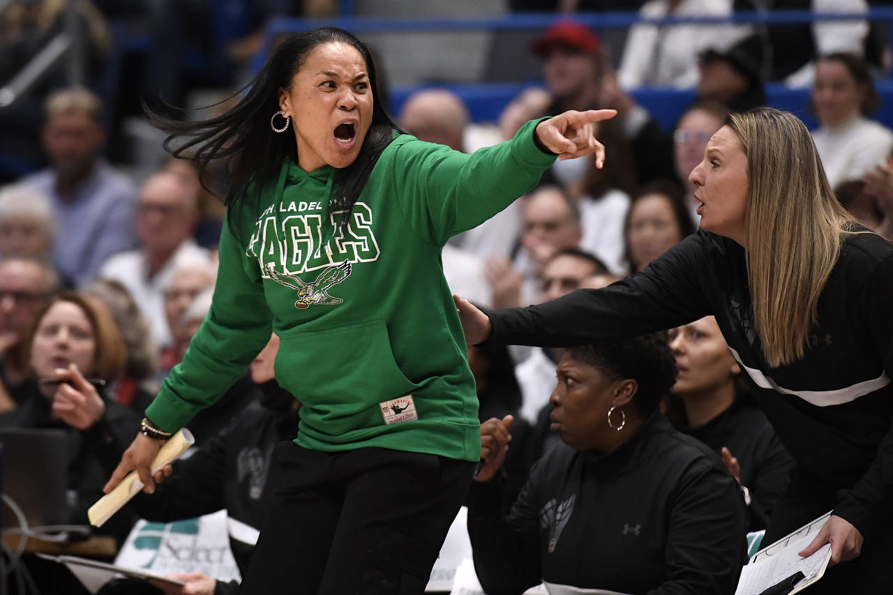 South Carolina head coach Dawn Staley reacts in the second half of an NCAA college basketball game ...