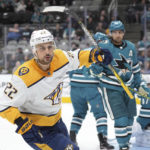 
              Nashville Predators right wing Nino Niederreiter (22) reacts after scoring a goal against the San Jose Sharks during the first period of an NHL hockey game Thursday, Feb. 23, 2023, in San Jose, Calif. (AP Photo/Darren Yamashita)
            