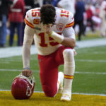 
              Kansas City Chiefs quarterback Patrick Mahomes (15) prays in the end zone before the NFL Super Bowl 57 football game between the Kansas City Chiefs and the Philadelphia Eagles, Sunday, Feb. 12, 2023, in Glendale, Ariz. (AP Photo/Marcio J. Sanchez)
            