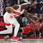 
              Toronto Raptors forward Pascal Siakam (43) is fouled by Chicago Bulls guard Patrick Beverley (21) during the first half of an NBA basketball game Tuesday, Feb. 28, 2023, in Toronto. (Frank Gunn/The Canadian Press via AP)
            