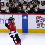 
              Chicago Blackhawks center Tyler Johnson (90) celebrates after scoring a goal as Vegas Golden Knights players react in a shootout of an NHL hockey game in Chicago, Tuesday, Feb. 21, 2023. The Chicago Blackhawks won 3-2. (AP Photo/Nam Y. Huh)
            