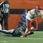 
              Kansas City Chiefs quarterback Patrick Mahomes (15) is tackled by Philadelphia Eagles linebacker T.J. Edwards (57) during the first half of the NFL Super Bowl 57 football game, Sunday, Feb. 12, 2023, in Glendale, Ariz. Mahomes was hurt on the play. Patrick Mahomes was injured on the play. (AP Photo/Abbie Parr)
            