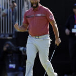 
              Jon Rahm reacts after a birdie putt on the 14th hole during the final round of the Genesis Invitational golf tournament at Riviera Country Club, Sunday, Feb. 19, 2023, in the Pacific Palisades area of Los Angeles. (AP Photo/Ryan Kang)
            