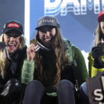 
              Canada's Laurence St-Germain, center, winner of the women's World Championship slalom, poses with second placed United States' Mikaela Shiffrin, left, and third placed Germany's Lena Duerr, in Meribel, France, Saturday Feb. 18, 2023. . (AP Photo/Alessandro Trovati)
            