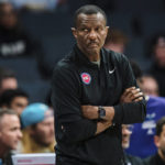 
              Detroit Pistons head coach Dwane Casey looks on during the first half of an NBA basketball game against the Charlotte Hornets in Charlotte, N.C., Monday, Feb. 27, 2023. (AP Photo/Jacob Kupferman)
            