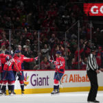 
              Washington Capitals right wing Tom Wilson (43) celebrates his goal with teammates during the second period of an NHL hockey game against the New York Rangers, Saturday, Feb. 25, 2023, in Washington. (AP Photo/Julio Cortez)
            