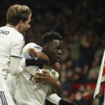 
              Leeds United's Wilfried Gnonto, right, celebrates after scoring the opening goal of the game during the English Premier League soccer match between Manchester United and Leeds United at Old Trafford in Manchester, England, Wednesday, Feb. 8, 2023. (AP Photo/Dave Thompson)
            