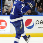 
              Tampa Bay Lightning center Brayden Point (21) celebrates after scoring against the Colorado Avalanche during the second period of an NHL hockey game Thursday, Feb. 9, 2023, in Tampa, Fla. (AP Photo/Chris O'Meara)
            