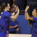 
              United States forward Mallory Swanson, right, celebrates her goal with teammate United States midfielder Andi Sullivan (17) during the second half of a SheBelieves Cup soccer match against Brazil Wednesday, Feb. 22, 2023, in Frisco, Texas. The United States won 2-0. (AP Photo/LM Otero)
            