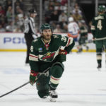 
              Minnesota Wild right wing Ryan Hartman (38) pauses during the second period of an NHL hockey game against the New York Islanders, Tuesday, Feb. 28, 2023, in St. Paul, Minn. (AP Photo/Abbie Parr)
            