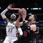 
              Chicago Bulls' Zach LaVine (8) looks to shoot as Milwaukee Bucks' Wesley Matthews defends during the first half of an NBA basketball game Thursday, Feb. 16, 2023, in Chicago. (AP Photo/Charles Rex Arbogast)
            