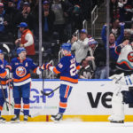 
              Winnipeg Jets goaltender Connor Hellebuyck (37) reacts as the New York Islanders celebrate a goal by Sebastian Aho during the first period of an NHL hockey game Wednesday, Feb. 22, 2023, in Elmont, N.Y. (AP Photo/Frank Franklin II)
            