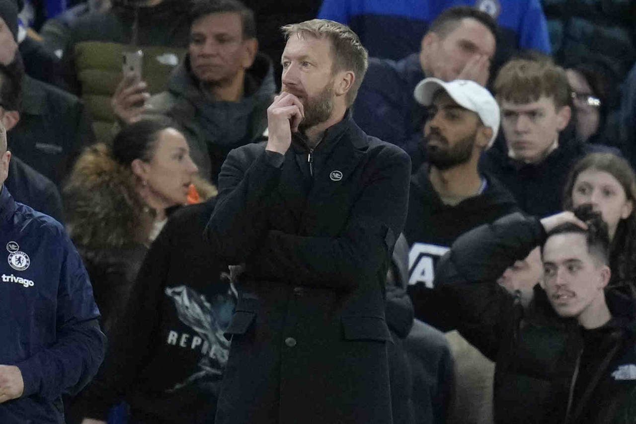 Chelsea's head coach Graham Potter reacts during the English Premier League soccer match between Ch...
