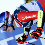 
              Switzerland's Marco Odermatt starts the super G portion of an alpine ski, men's World Championship combined race, in Courchevel, France, Tuesday, Feb. 7, 2023. (AP Photo/Alessandro Trovati)
            