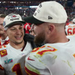 
              Kansas City Chiefs quarterback Patrick Mahomes, left, and tight end Travis Kelce celebrate victory over the Philadelphia Eagles after the NFL Super Bowl 57 football game, Sunday, Feb. 12, 2023, in Glendale, Ariz. The Kansas City Chiefs defeated the Philadelphia Eagles 38-35. (AP Photo/Ashley Landis)
            