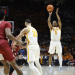 
              Tennessee guard Zakai Zeigler (5) shoots during the first half of an NCAA college basketball game against Alabama, Wednesday, Feb. 15, 2023, in Knoxville, Tenn. (AP Photo/Wade Payne)
            