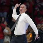 
              Arizona State head coach Bobby Hurley reacts to a call during the first half of an NCAA college basketball game against Arizona, Saturday, Feb. 25, 2023, in Tucson, Ariz. (AP Photo/Rick Scuteri)
            