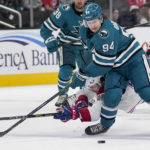
              San Jose Sharks left wing Alexander Barabanov, right, and Montreal Canadiens left wing Michael Pezzetta compete for possession of the puck during the second period of an NHL hockey game in San Jose, Calif., Tuesday, Feb. 28, 2023. (AP Photo/Godofredo A. Vásquez)
            