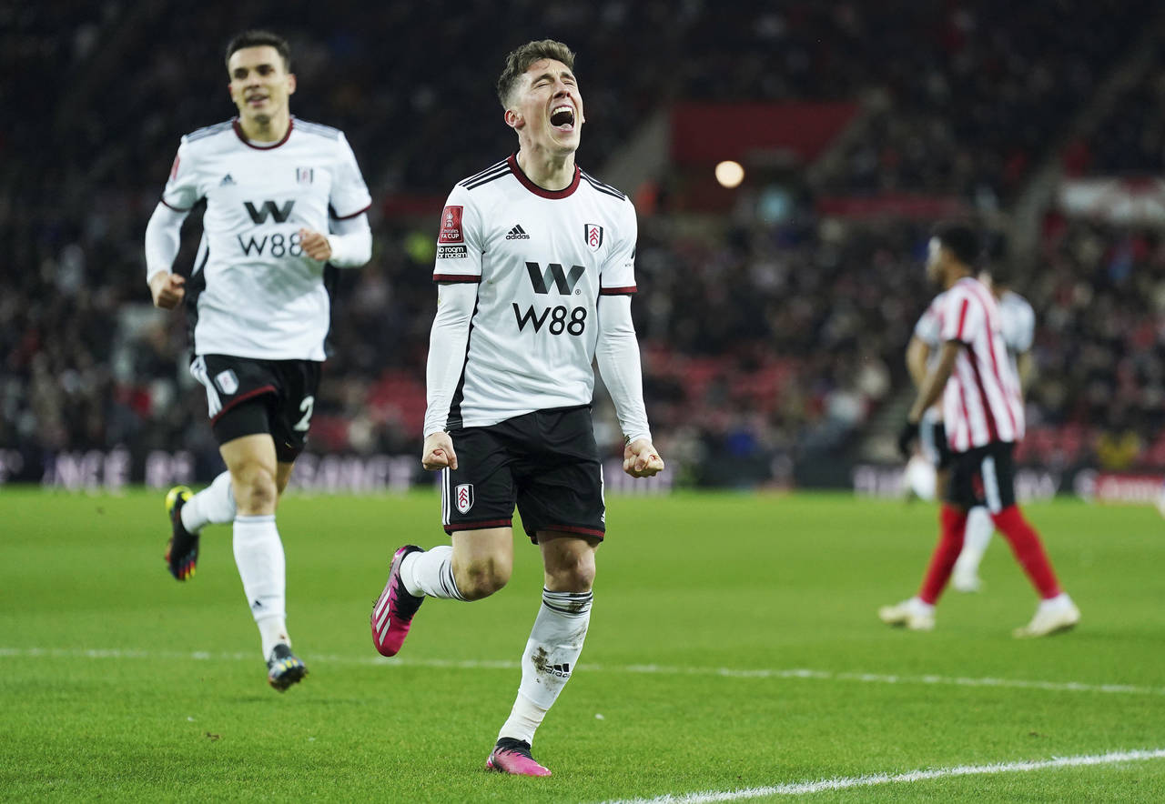 Fulham's Harry Wilson celebrates scoring their side's first goal of the game during the English FA ...