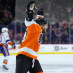 
              Philadelphia Flyers' Nicolas Deslauriers celebrates after scoring a goal during the second period of an NHL hockey game against the New York Islanders, Monday, Feb. 6, 2023, in Philadelphia. (AP Photo/Matt Slocum)
            