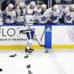 
              Toronto Maple Leafs center Ryan O'Reilly (90) celebrates his third goal during the third period of an NHL hockey game against the Buffalo Sabres, Tuesday, Feb. 21, 2023, in Buffalo, N.Y. (AP Photo/Jeffrey T. Barnes)
            