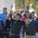 
              Wells Adams reacts after a tee shot as Alfonso Ribeiro, right, looks on during the celebrity challenge event of the AT&T Pebble Beach Pro-Am golf tournament in Pebble Beach, Calif., Wednesday, Feb. 1, 2023. (AP Photo/Eric Risberg)
            