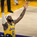 
              Los Angeles Lakers forward LeBron James celebrates after scoring to pass Kareem Abdul-Jabbar to become the NBA's all-time leading scorer during the second half of an NBA basketball game against the Oklahoma City Thunder Tuesday, Feb. 7, 2023, in Los Angeles. (AP Photo/Marcio Jose Sanchez)
            